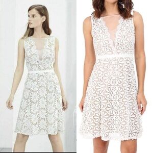 ADRIANNA PAPELL ILLUSION FLORAL SLEEVELESS WHITE NUDE LACE FIT & FLARE DRESS